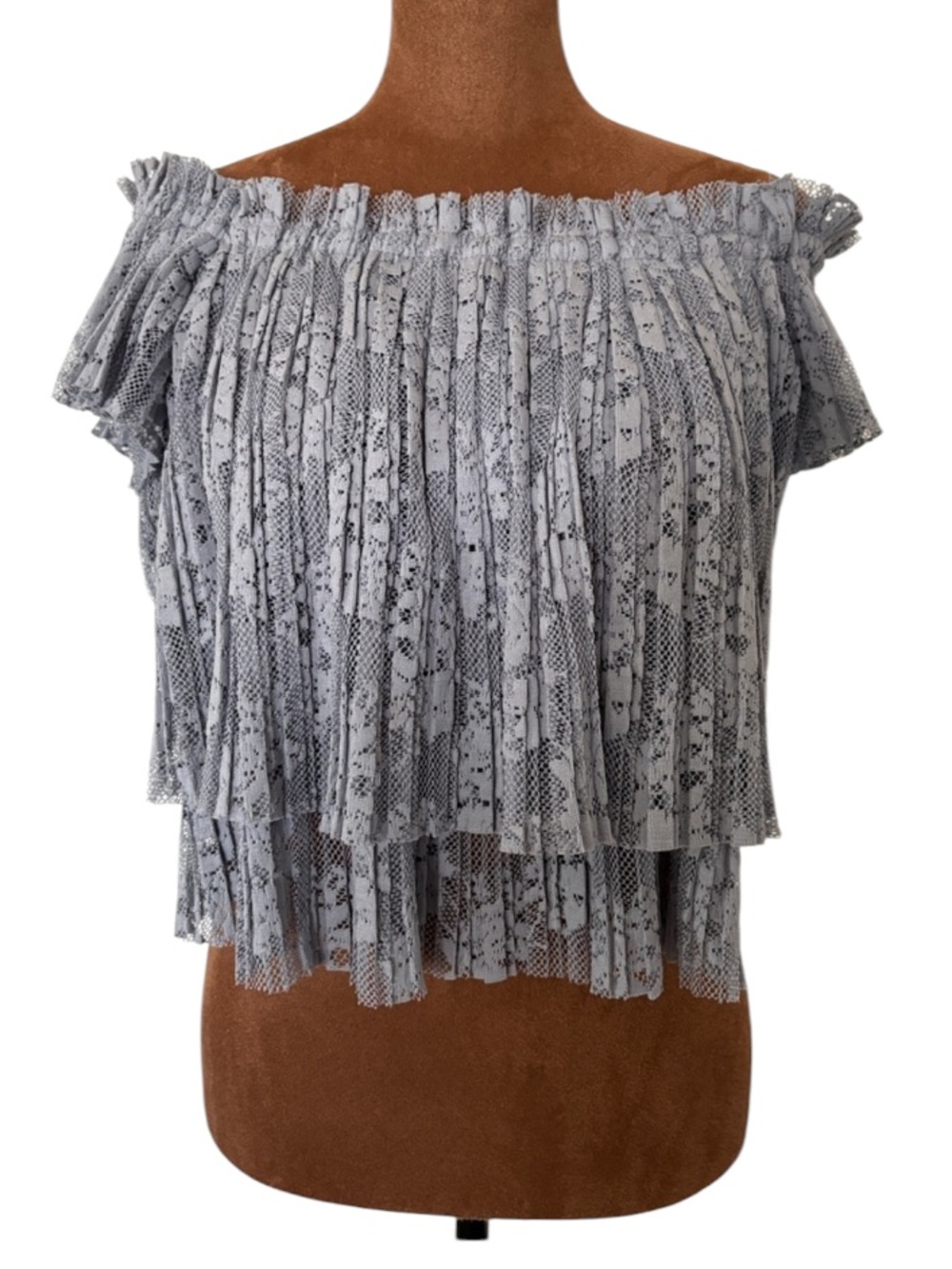 ZARA TRF Pleated Lace Off-The-Shoulder Tiered Top - Slate Grey S Blogger Fav 🎉